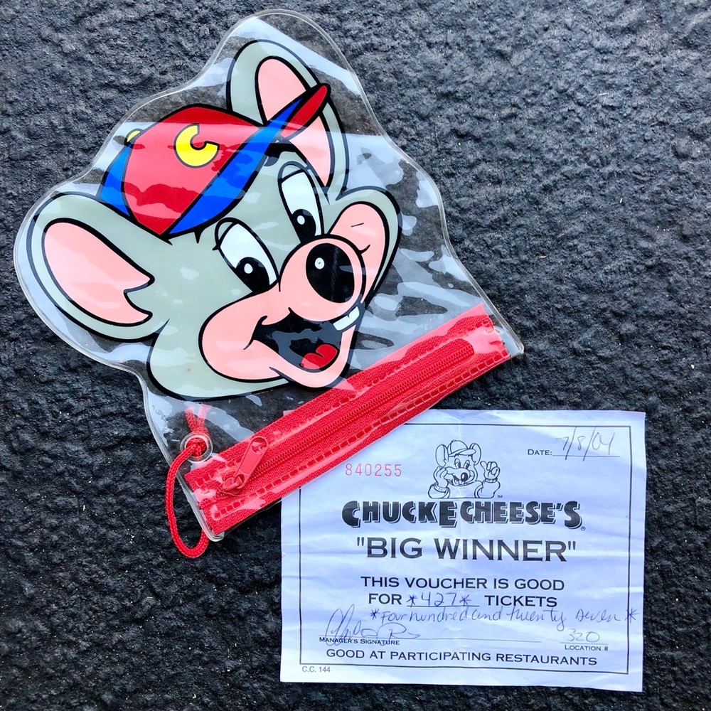 Rare Vtg Chuck E Cheeses “Big Winner” Signed Ticket Voucher + Small Zip Up Pouch